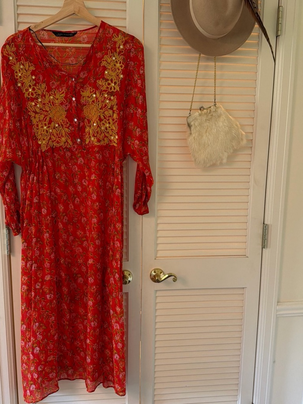 Zara Red Maxi Dress with Gold Floral Embroidery
